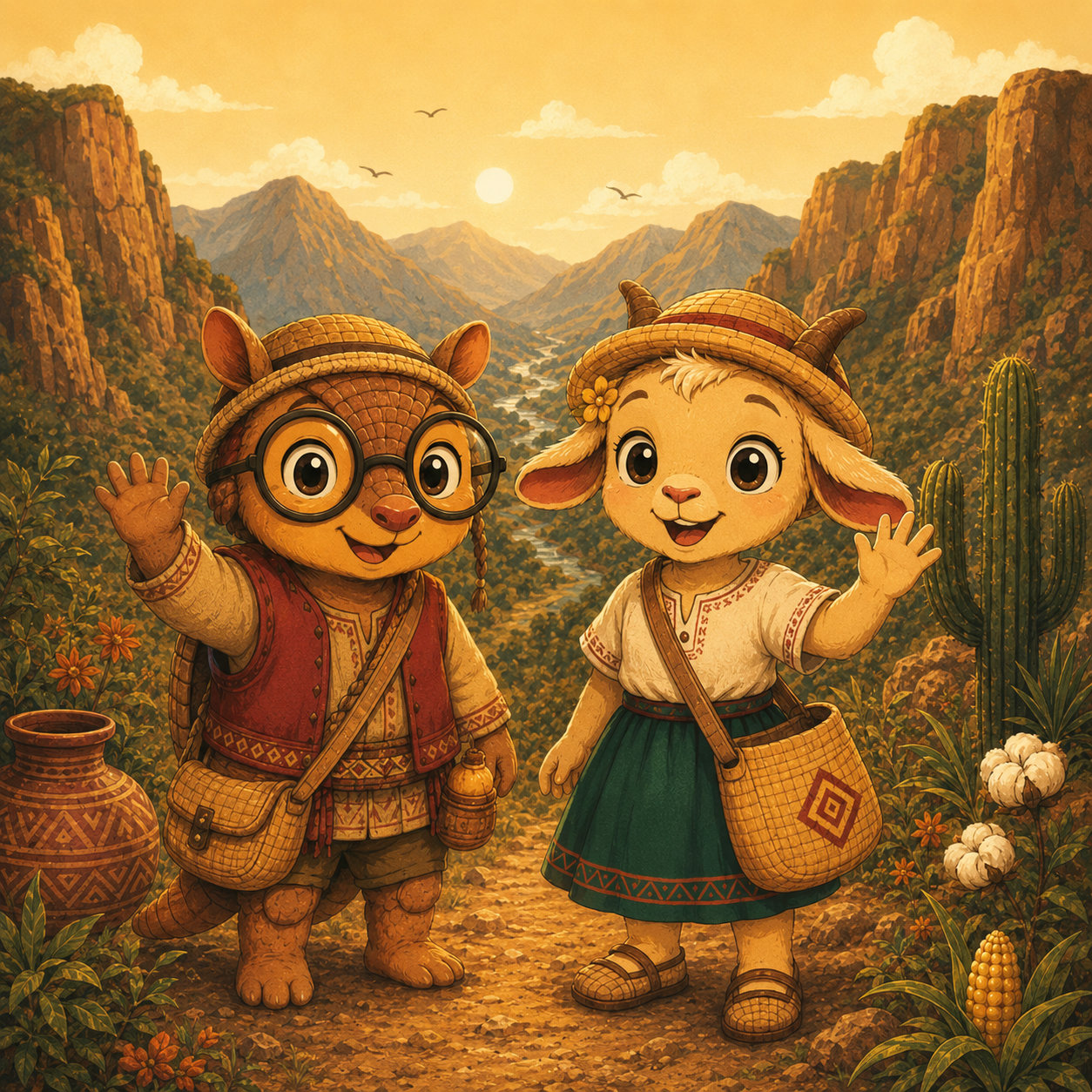 Ilustración del territorio andino con dos personajes infantiles en un camino de montaña