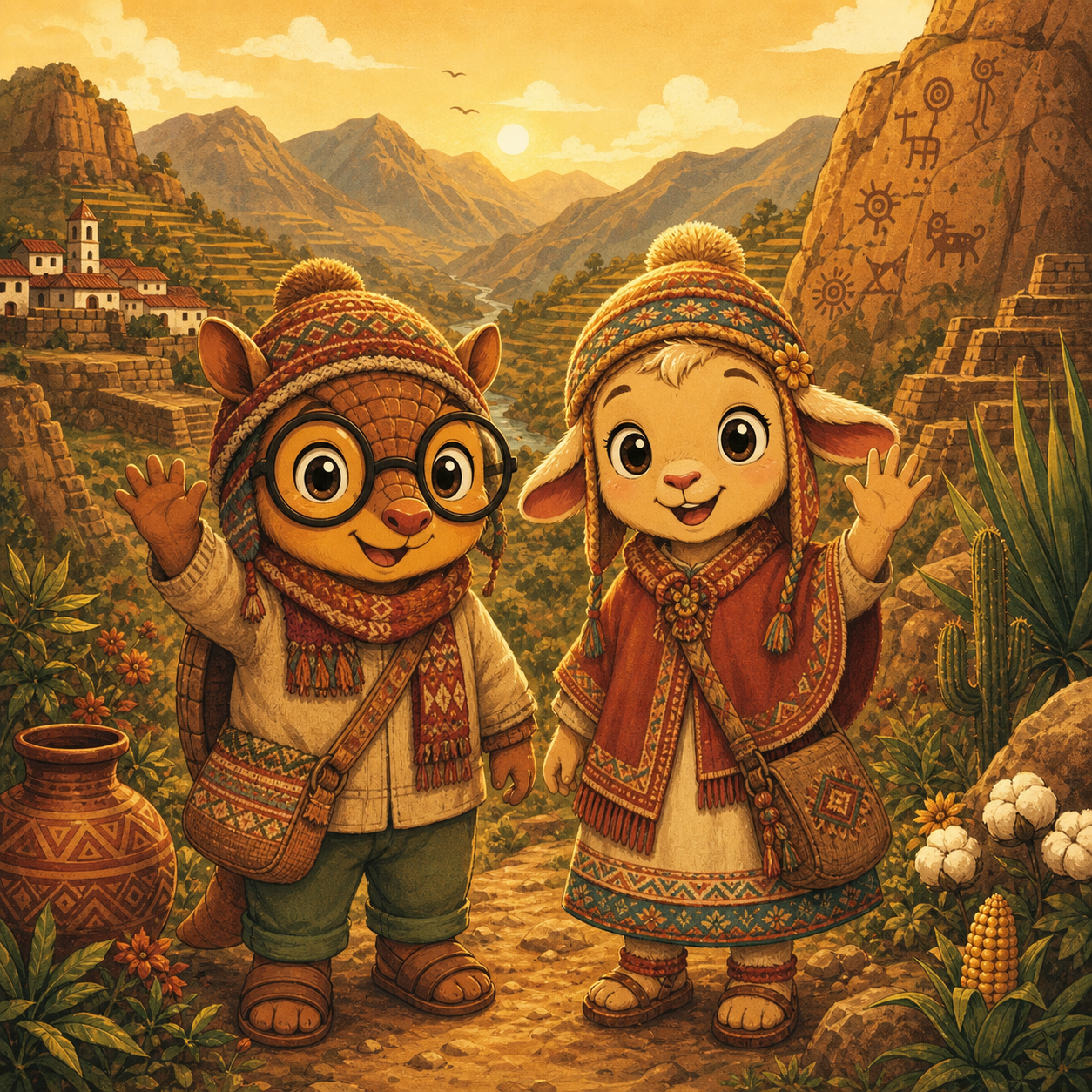 Ilustración del territorio andino con dos personajes infantiles en un camino de montaña